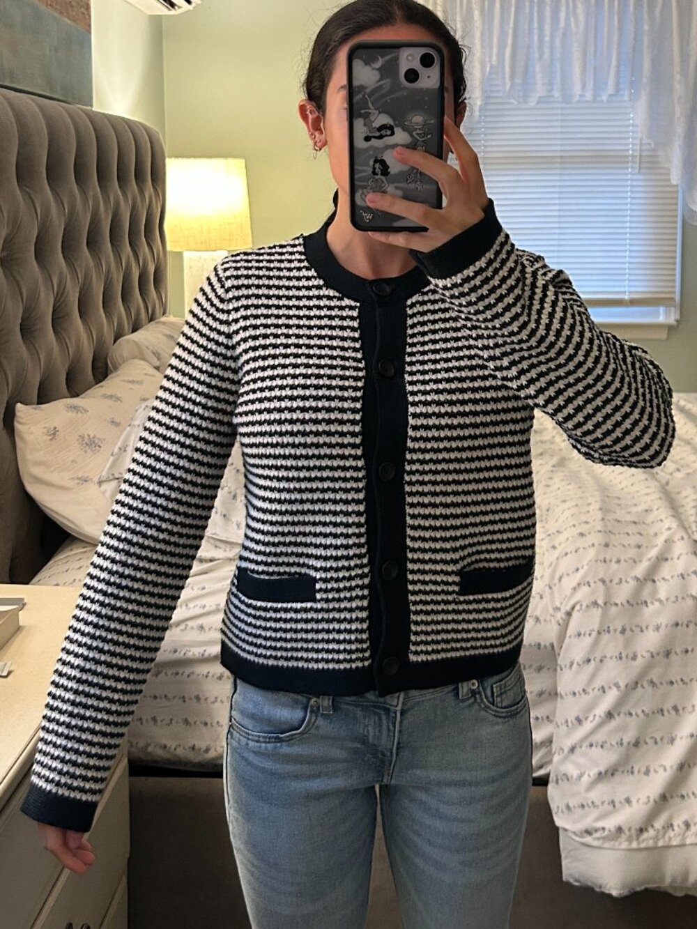 Uniqlo Waffle Knit Black + White Striped Cardigan - Picture 1 of 6